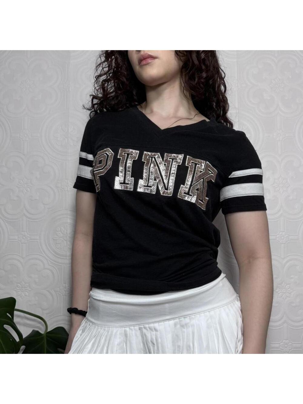 Y2K Victoria's Secret PINK Black & Silver Sequin Vneck T-shirt Womens Small